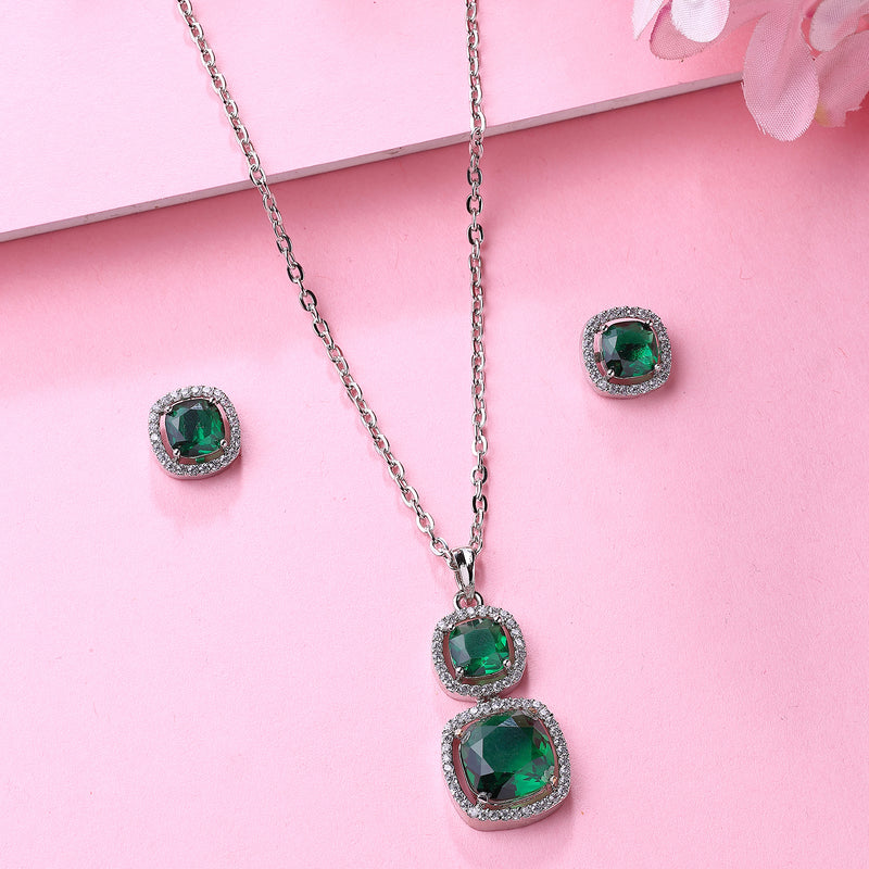 Rhodium Plated Silver Toned Green And White American Diamond Studded Square Shaped Pendant Set