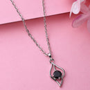 Rhodium Plated Silver Toned Blue American Diamond Studded Leaf Shaped Pendant With Chain