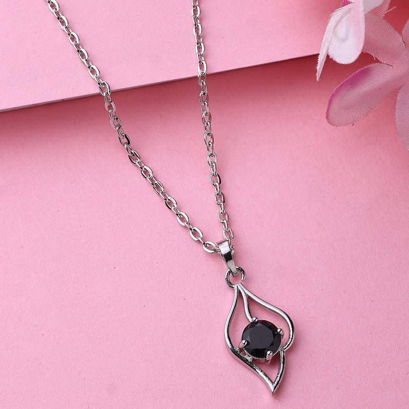 Rhodium Plated Silver Toned Blue American Diamond Studded Leaf Shaped Pendant With Chain