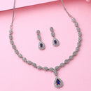 Rhodium Plated Silver Toned Teardrop Shaped Blue & White American Diamond Studded Jewellery Set