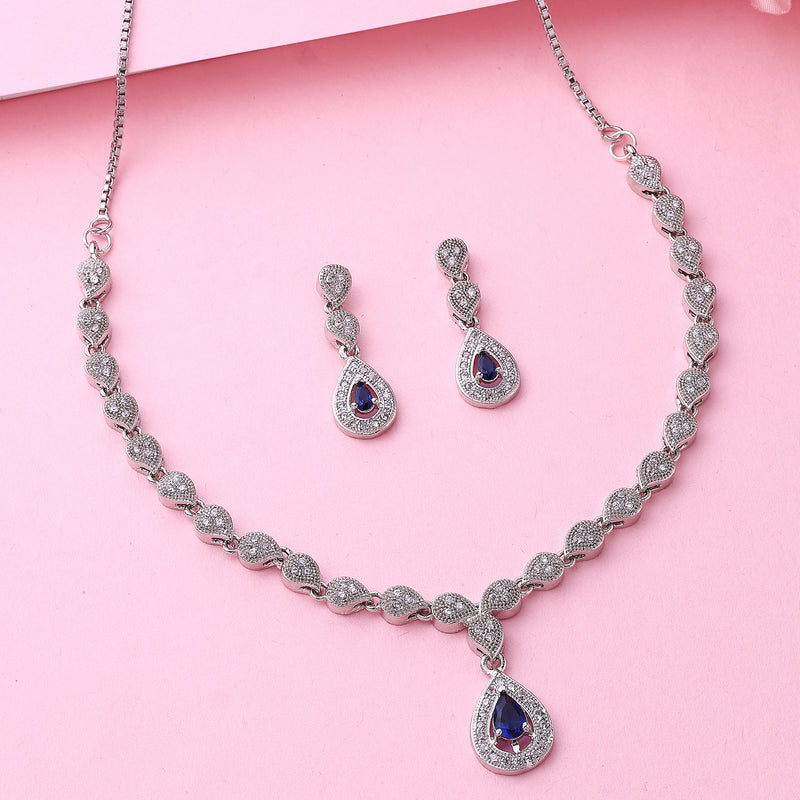 Rhodium Plated Silver Toned Teardrop Shaped Blue & White American Diamond Studded Jewellery Set