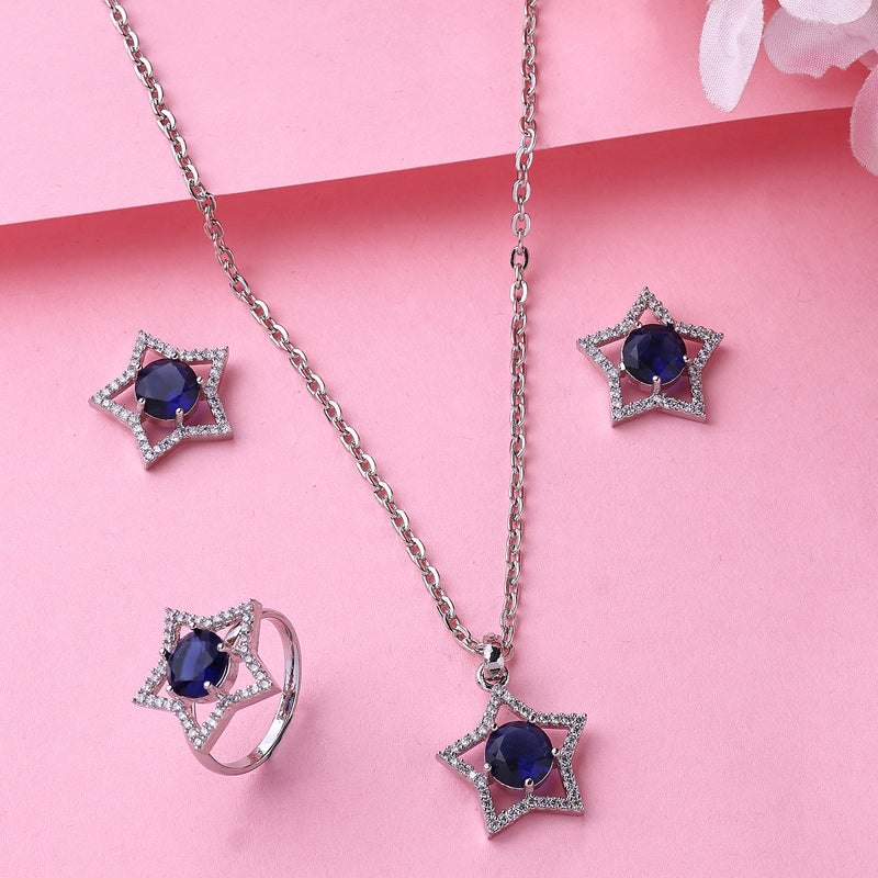 Rhodium Plated Silver Toned Star Shaped Blue & White American Diamond Studded Pendant Combo With Ring