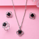 Rhodium Plated Silver Toned Square Shaped Black & White American Diamond Studded Pendant Combo With Ring