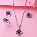 Rhodium Plated Silver Toned Square Shaped Blue & White American Diamond Studded Pendant Combo With Ring