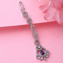 Rhodium Plated Silver Toned Blue & White American Diamond Studded Maang Tikka