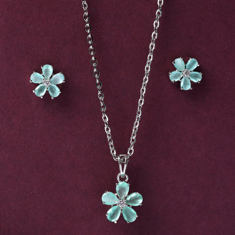 Rhodium Plated Silver Toned  Sea Green And White American Diamond Studded Floral Shaped Pendant set
