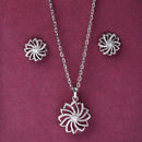 Rhodium Plated Silver Toned White Cubic Zirconia Studded Floral Shaped Pendant Set