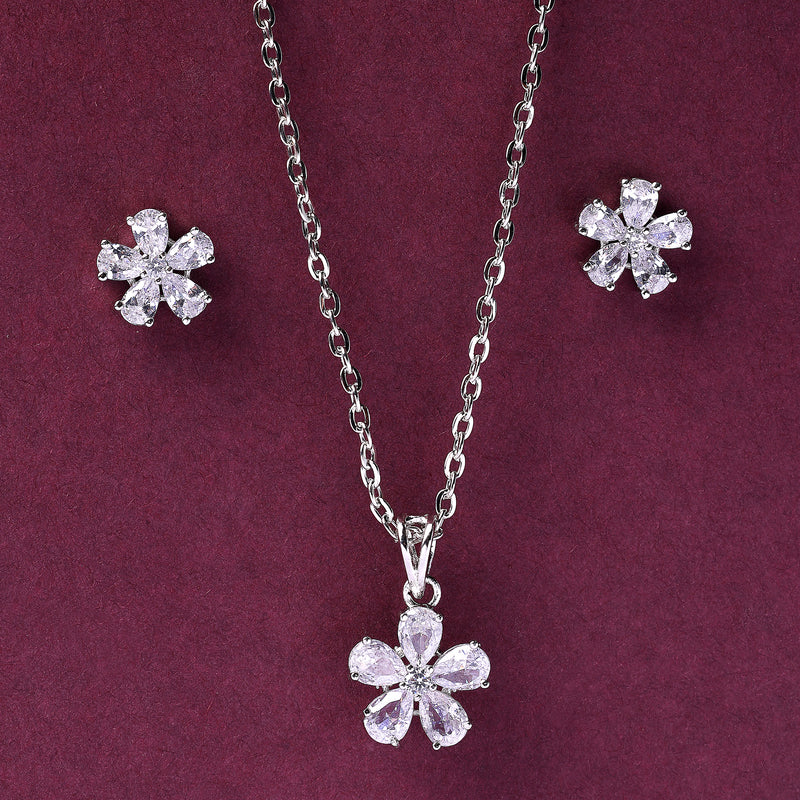 Rhodium Plated Silver Toned White American Diamond Studded Floral Shaped Pendant set