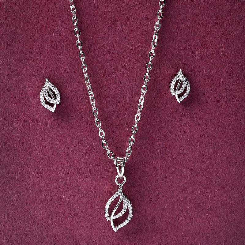 Rhodium Plated Silver Toned White Cubic Zirconia Studded Leaf Shaped Pendant Set