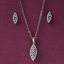 Rhodium Plated Silver Toned White Cubic Zirconia Studded Leaf Shaped Pendant Set