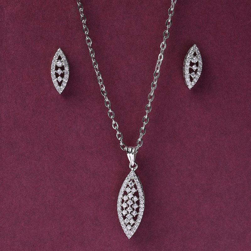 Rhodium Plated Silver Toned White Cubic Zirconia Studded Leaf Shaped Pendant Set