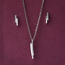 Rhodium Plated Silver Toned White Cubic Zirconia Studded Bar Shaped Pendant Set