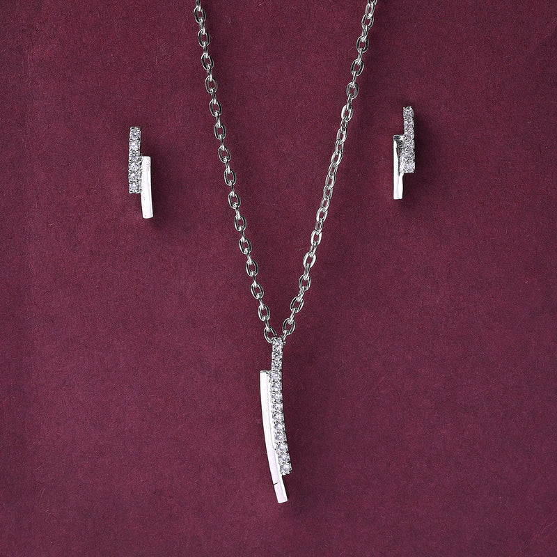 Rhodium Plated Silver Toned White Cubic Zirconia Studded Bar Shaped Pendant Set