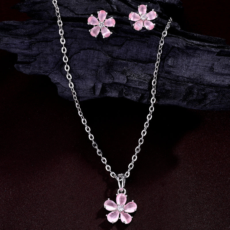 Rhodium Plated Silver Toned Pink American Diamond Studded Floral Shaped Pendant Set