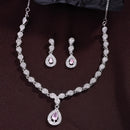 Rhodium Plated Silver Toned Teardrop Shaped Pink And White American Diamond Studded Jewellery Set