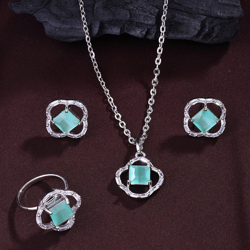 Rhodium Plated Silver Toned Square Shaped Sea Green & White American Diamond Studded Pendant Combo With Ring