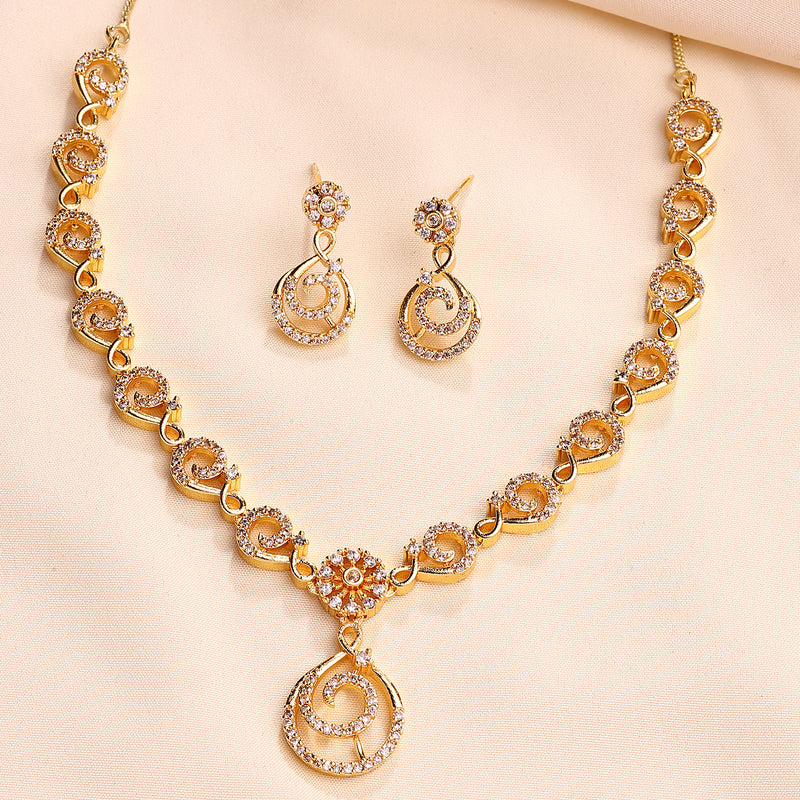 Gold Plated Spiral Shaped White American Diamond Studded Necklace With Earrings Jewellery Set