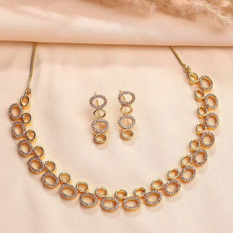 Gold Plated Oval Shaped White American Diamond Studded Jewellery Set