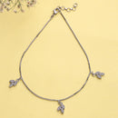 Rhodium Plated Silver Toned White Cubic Zirconia Studded Leaf Charm Anklet