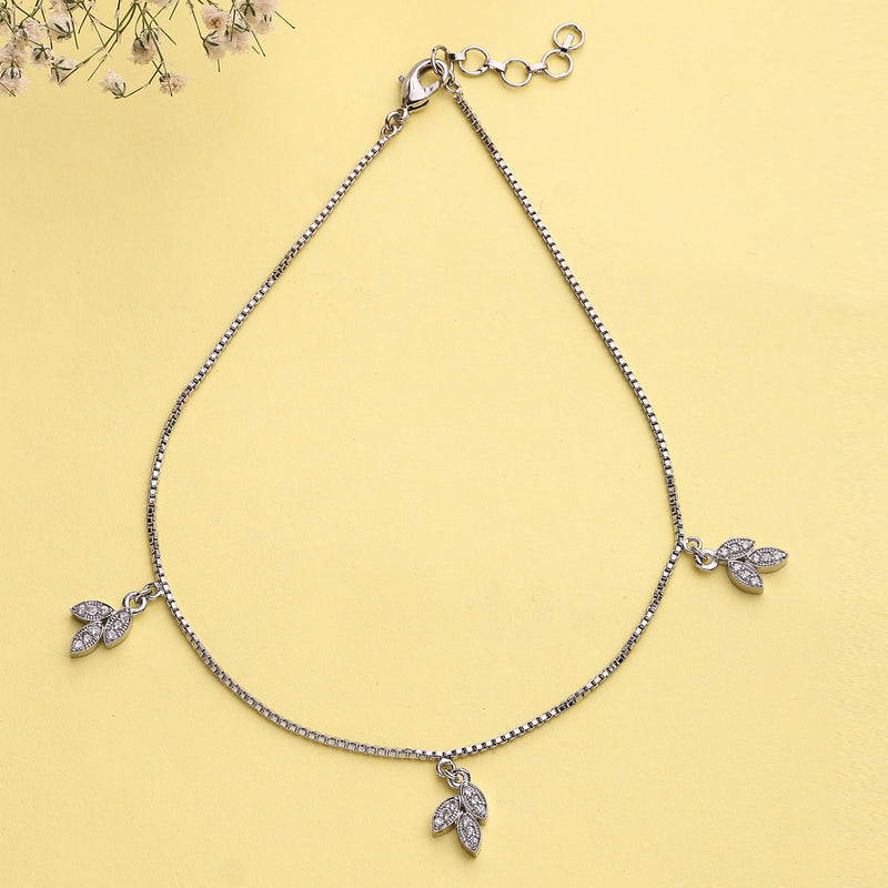 Rhodium Plated Silver Toned White Cubic Zirconia Studded Leaf Charm Anklet