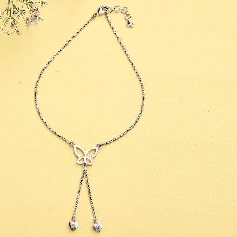 Rhodium Plated Silver Toned White Cubic Zirconia Studded Butterfly Charm Anklet
