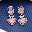 Rhodium Plated Silver Toned Pink & White American Diamond Studded Drop Earrings