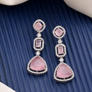 Rhodium Plated Silver Toned Geometric Shaped Pink & White American Diamond Studded Drop Earrings