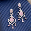 Rhodium Plated Silver Toned Teardrop Shaped Pink & White American Diamond Studded Earrings
