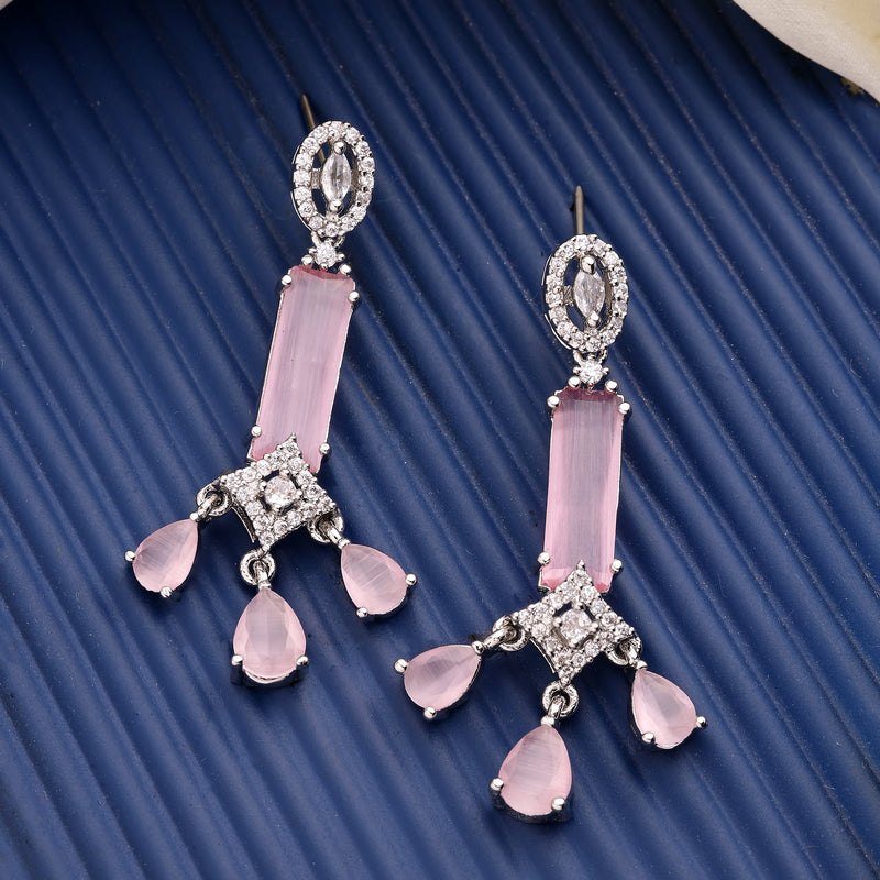 Rhodium Plated Silver Toned Bar Shaped Pink & White American Diamond Studded Earrings