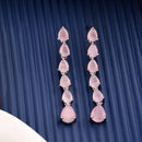 Rhodium Plated Silver Toned Teardrop Shaped Pink American Diamond Studded Linear Dangler Earrings