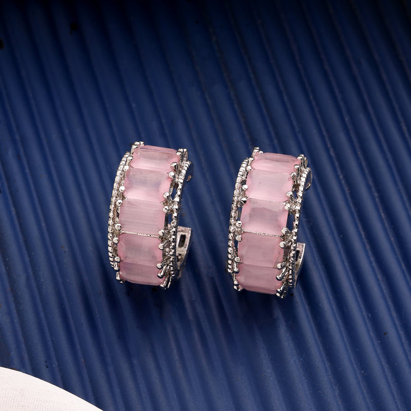 Rhodium Plated Silver Toned Pink American Diamond Embellished Hoop Earrings