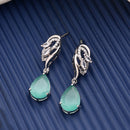 Rhodium Plated Silver Toned Teardrop Shaped Sea Green & White American Diamond Studded Drop Earrings