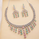 Rhodium Plated Silver Toned Teardrop Shaped Pink & Sea Green American Diamond Studded Jewellery Set