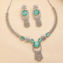 Rhodium Plated Silver Toned Sea Green & White American Diamond Studded Jewellery Set