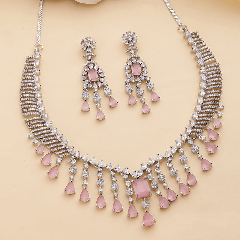 Rhodium Plated Silver Toned Teardrop Shaped Pink & White American Diamond Studded Jewellery Set