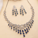 Rhodium Plated Silver Toned Floral Blue & White American Diamond Studded Jewellery Set