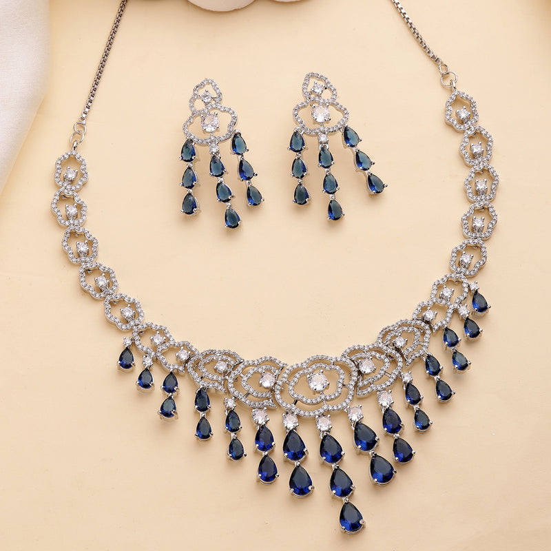 Rhodium Plated Silver Toned Floral Blue & White American Diamond Studded Jewellery Set