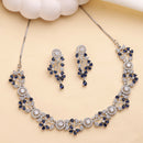 Rhodium Plated Silver Toned Leaf Shaped Blue & White American Diamond Studded Jewellery Set
