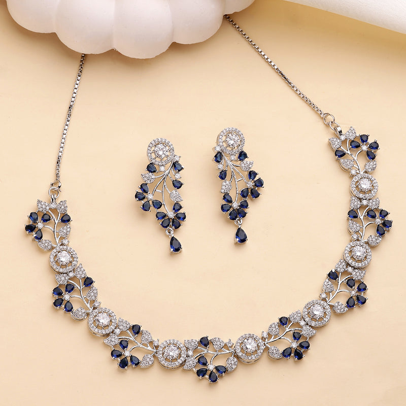 Rhodium Plated Silver Toned Leaf Shaped Blue & White American Diamond Studded Jewellery Set