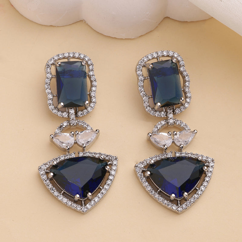 Rhodium Plated Silver Toned Navy Blue & White American Diamond Studded Drop Earrings