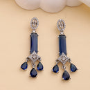 Rhodium Plated Silver Toned Bar Shaped Blue & White American Diamond Studded Earrings