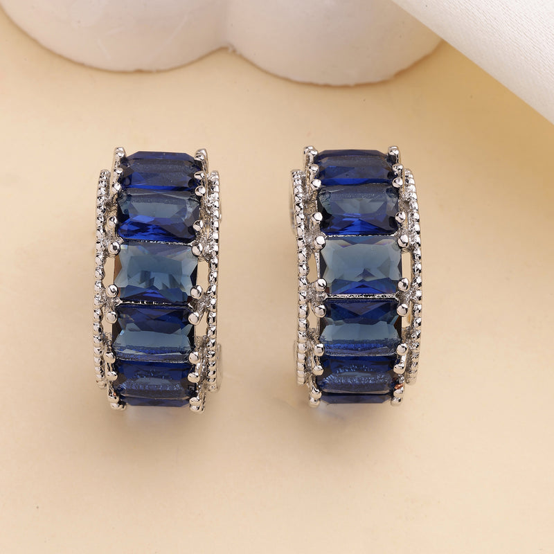 Rhodium Plated Silver Toned Navy Blue American Diamond Embellished Hoop  Earrings