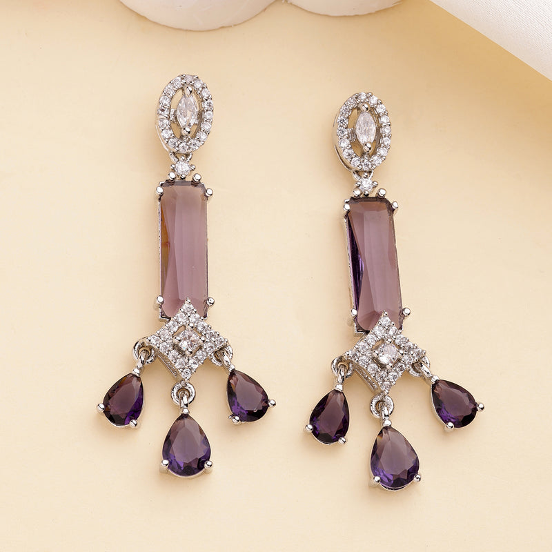 Rhodium Plated Silver Toned Bar Shaped Purple & White American Diamond Studded Earrings