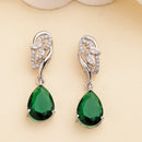 Rhodium Plated Silver Toned Teardrop Shaped Green & White American Diamond Studded Drop Earrings
