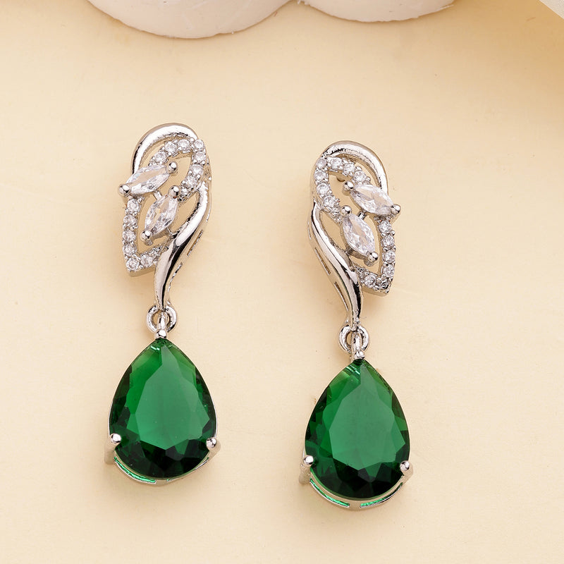 Rhodium Plated Silver Toned Teardrop Shaped Green & White American Diamond Studded Drop Earrings