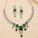 Rhodium Plated Silver Toned Rectangular Shaped Green & White American Diamond Studded Jewellery Set