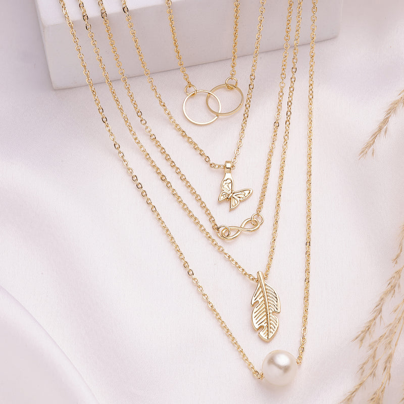 Gold Plated Gold Toned Pearl Necklace Infinity Butterfly Pendant Set