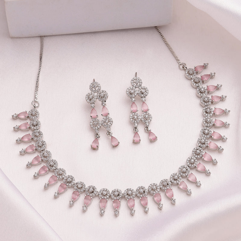 Rhodium Plated Silver Toned Pink & White American Diamond Studded Jewellery Set
