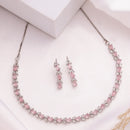 Rhodium Plated Silver Toned Teardrop Shaped Pink & White American Diamond Studded Jewellery Set