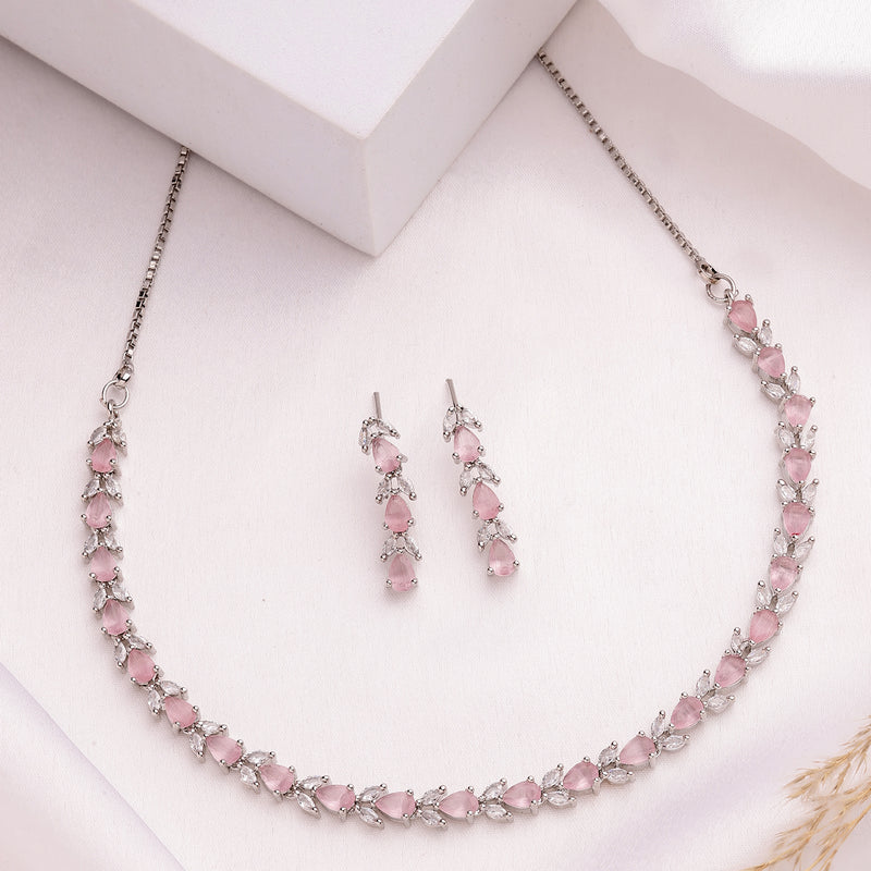 Rhodium Plated Silver Toned Teardrop Shaped Pink & White American Diamond Studded Jewellery Set